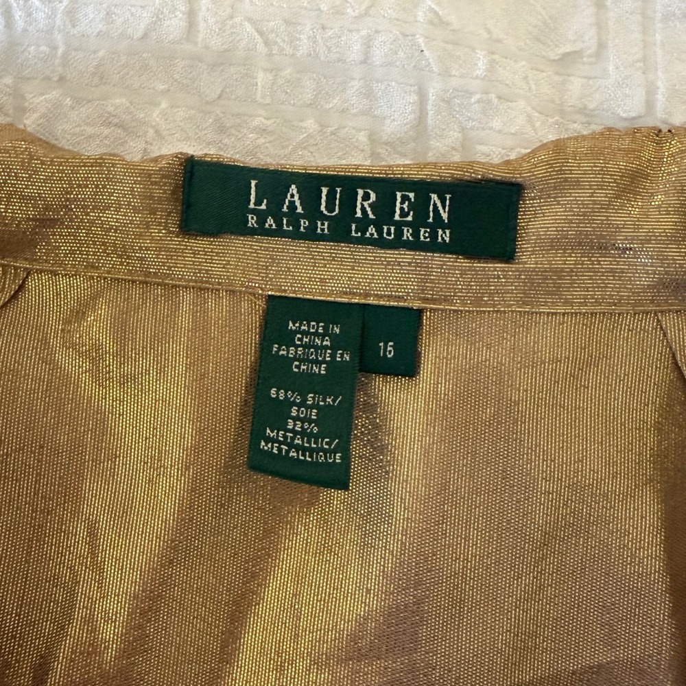 Lauren Ralph Lauren Gold Metallic Silk Blend Ruffle Peplum Blouse Top Size 16 - Picture 5 of 9